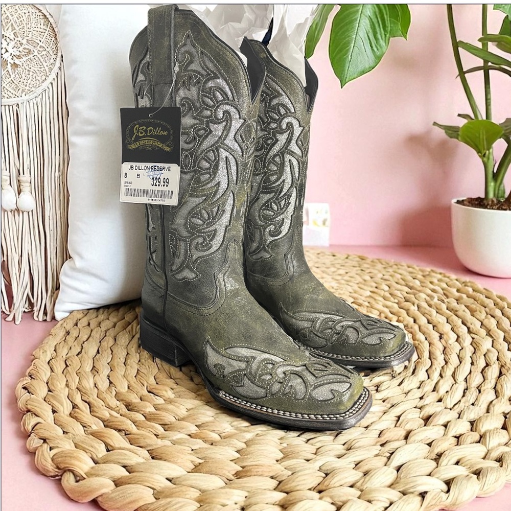 J.B. Dillon Distressed Grey/Brown Silver inlay Cowboy Boots